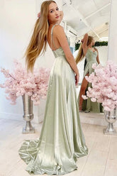 Dusty Sage A-line Cowl Neck Simple Prom Dresses With Slit, Party Dress